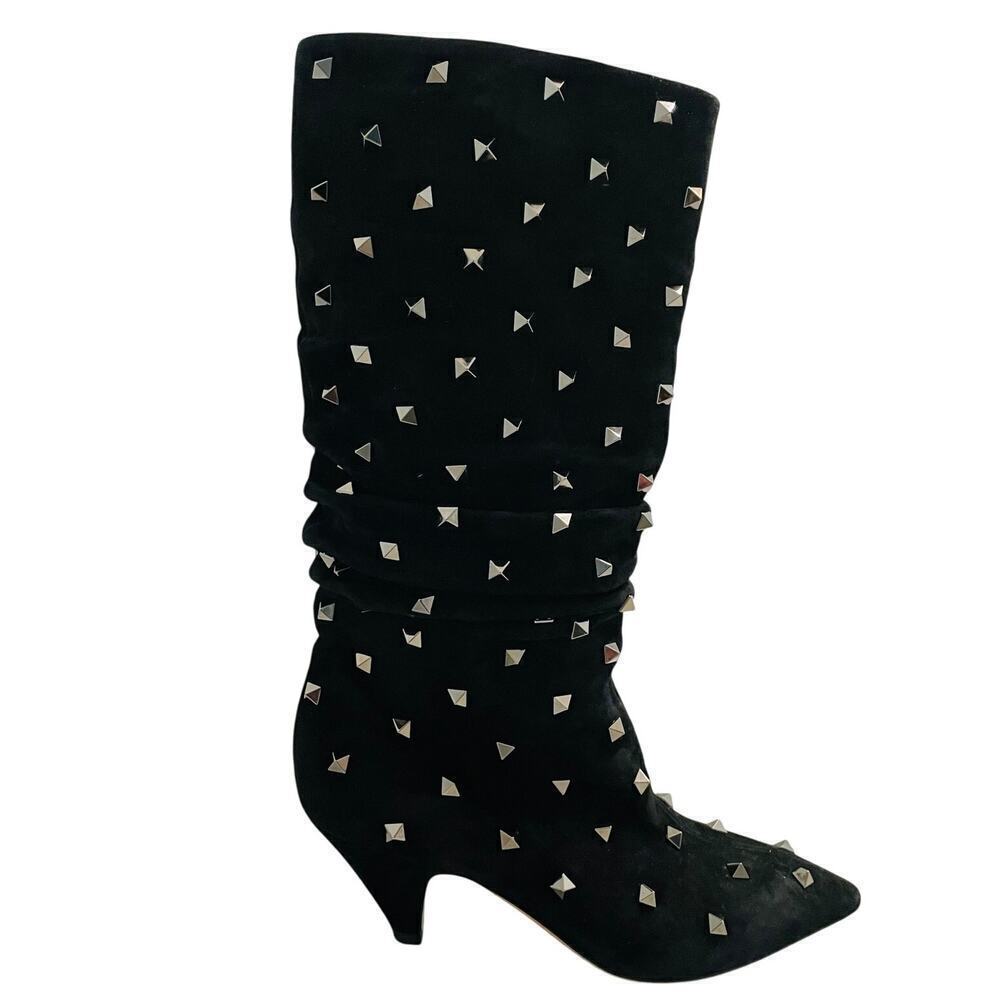 Valentino Garavani Rockstud Boots Mid Calf Suede High Heel Black Size 36.5